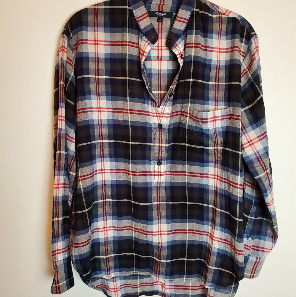 Madewell Plaid Pullover Front Pocket Top